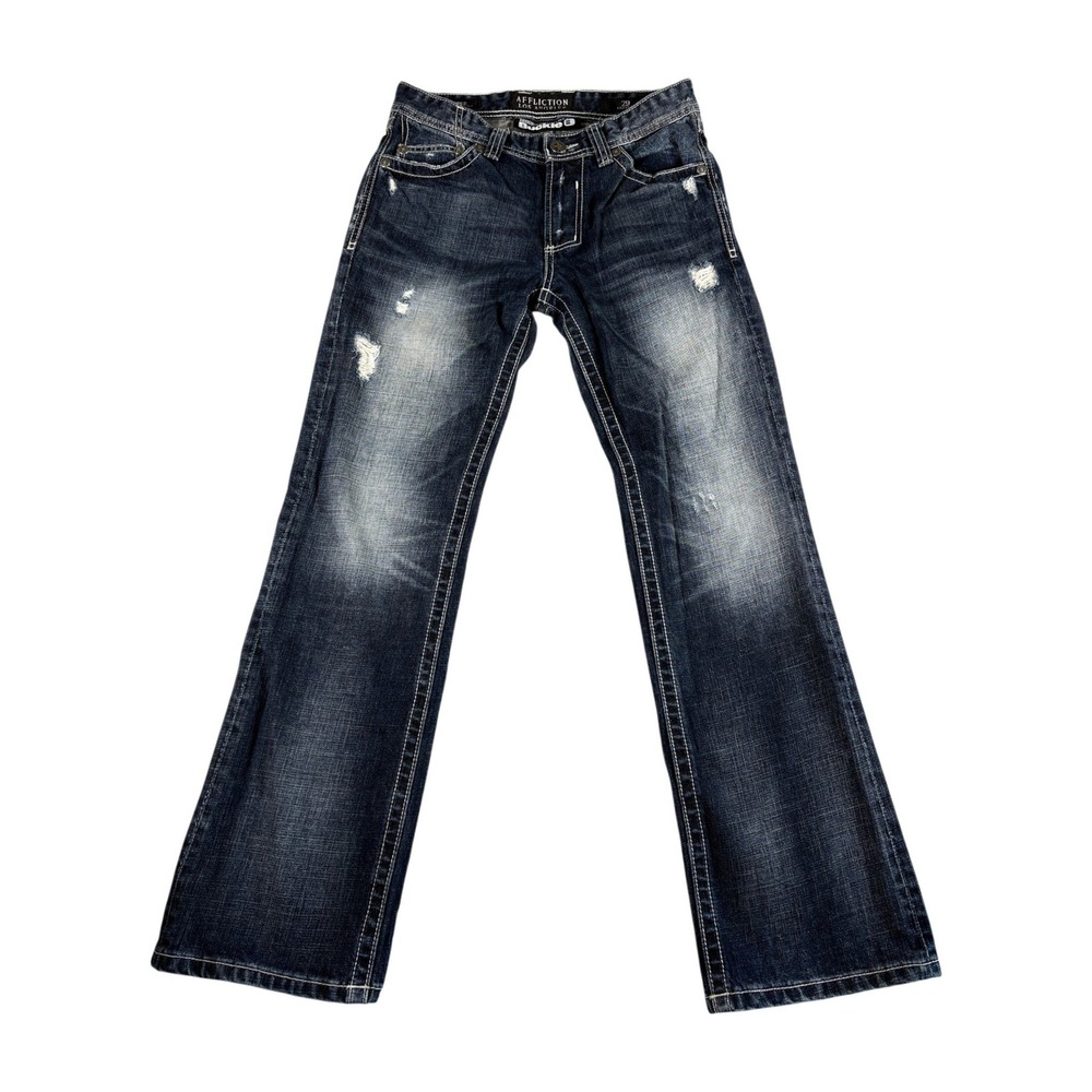 VTG Affliction Los Angeles Cooper Relaxed Bootcut Jeans Women 29 Blue Distressed